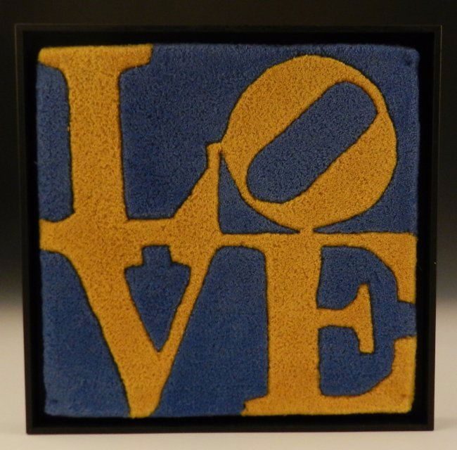 Robert Indiana Tapestry: A limited edition Robert Indiana Love tapestry Manufacturing label to backside Measures: 16 1/2 x 16 1/2 inches