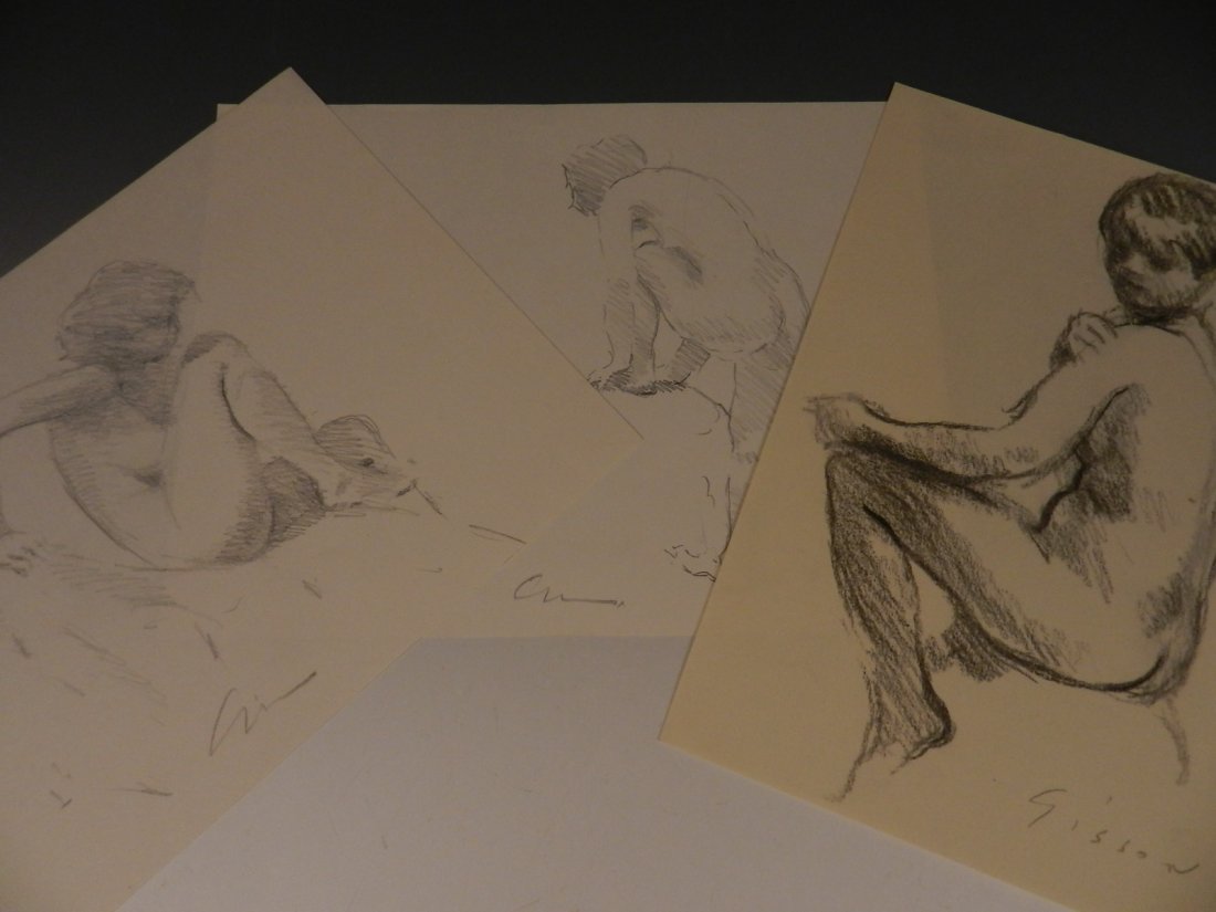 Andre Gisson: (American, 1921-2003) A grouping of 3 nude charcoal on paper sketches, 20th century 9 x 12 inches each work Signed on bottom each work Provenance: From the direct estate of Andre Gisson Certificate of