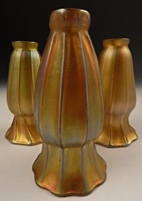 Tiffany Studios, L.C.T. Signed Shades: (3) Tiffany L.C.T. art glass favrile signed shades Measures: 5 inches each All shades are signed