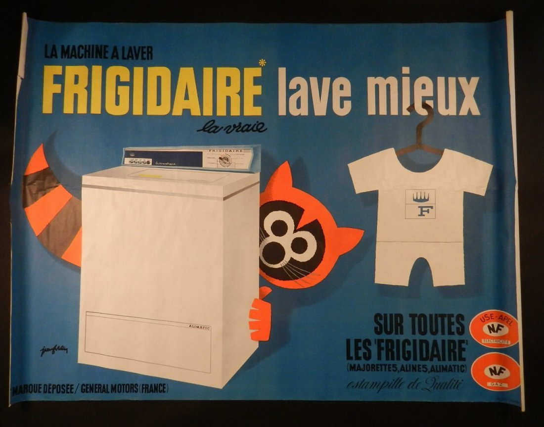 Vintage French Frigidaire Lave Mieux Advertisement: An original vintage Frigidaire Lave Mieux Advertisement poster Measures: 43 x 66 inches