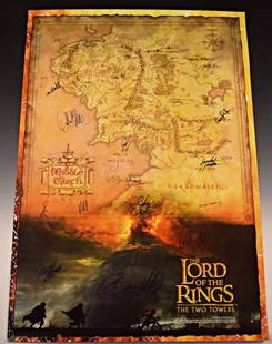 Lord of the Rings Cast Signed Movie Poster: Cast signed by: Cate Blanchett, Viggo Mortensen, John Rhys Davies, Ian Mckellen, Sean Bean, Orlando Bloom, Dominic Monaghan, Elijah Wood, Liv Tyler, Sean Astin, Andy Serkis, Brad Dourif, Hugo Weaving,