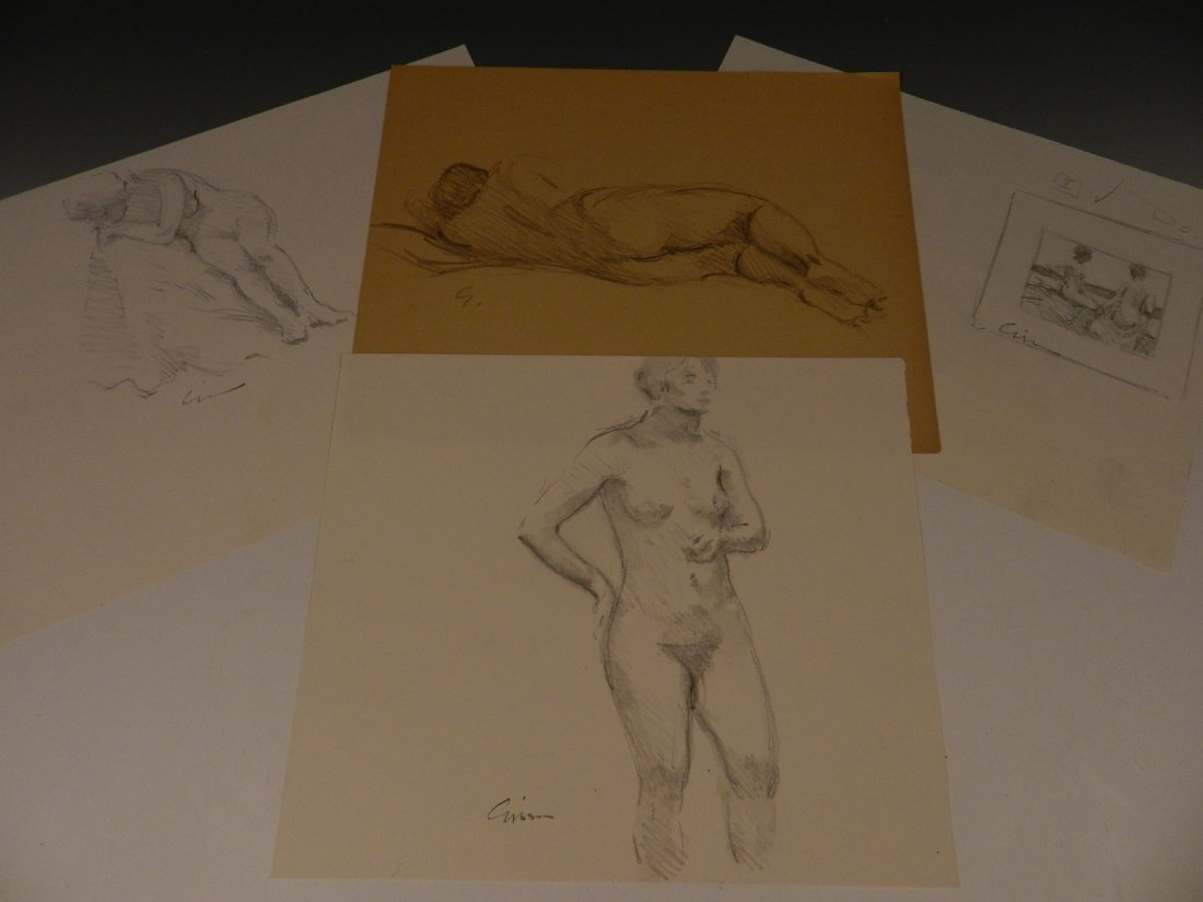 Andre Gisson: (American, 1921-2003) A grouping of 4 nude charcoal on paper sketches, 20th century Measures: 11 x 9 inches each Signed lower left Provenance: From the direct estate of Andre Gisson Certificate of aut