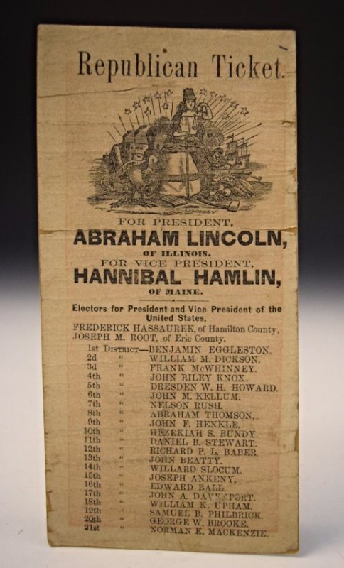 1860 Ohio Republican Campaign Ticket: 1860 Ohio Republican ticket for Abraham Lincoln, Hannibal Hamlin, and the republican nominees for the Senate and House of Representatives. Measures: 6 5/8 x 3 3/8 inches