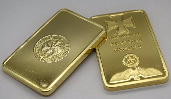 Nazi Reichbank Bars: (2) Nazi Reichbank bars - "Duetsche Reichbank 999/1000 gold" Please note - We are unsure of the metal purity which has not been tested