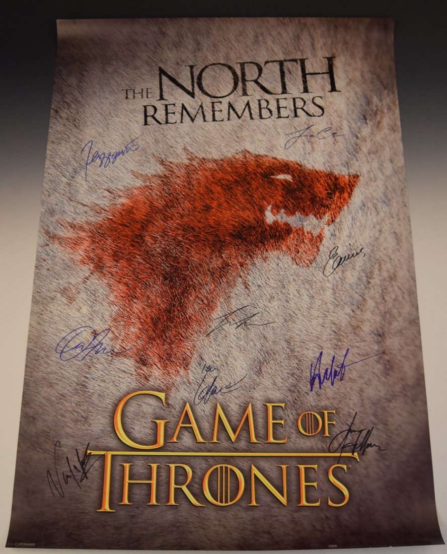 Game Of Thrones Cast Signed Poster: Signed by: Rory McCann, Nikolaj Coster-Waldau, Sophie Turner, Maisie Williams, Lena Headey, Peter Dinklage, Emilia Clarke, Iain Glen, Kit Harington Measures: 36 x 24 inches COA included