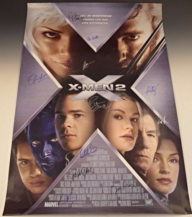 X-Men Cast Signed Movie Poster: Signed by: Alan Cumming, Ian McKellen, Hugh Jackman, James Marsden, Kelly Hu, Halle Berry, Brian Cox,,Katie Stuart, Rebecca Romijn, Patrick Stewart, Famke Janssen and Shawn Ashmore Measures: 27 x 40 i