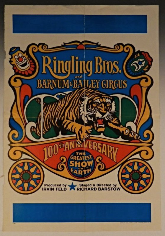 Ringling Brothers Circus Poster: Original circa 1970 Ringling Brothers 100th anniversary travel circus poster Measures: 24 x 16 inches