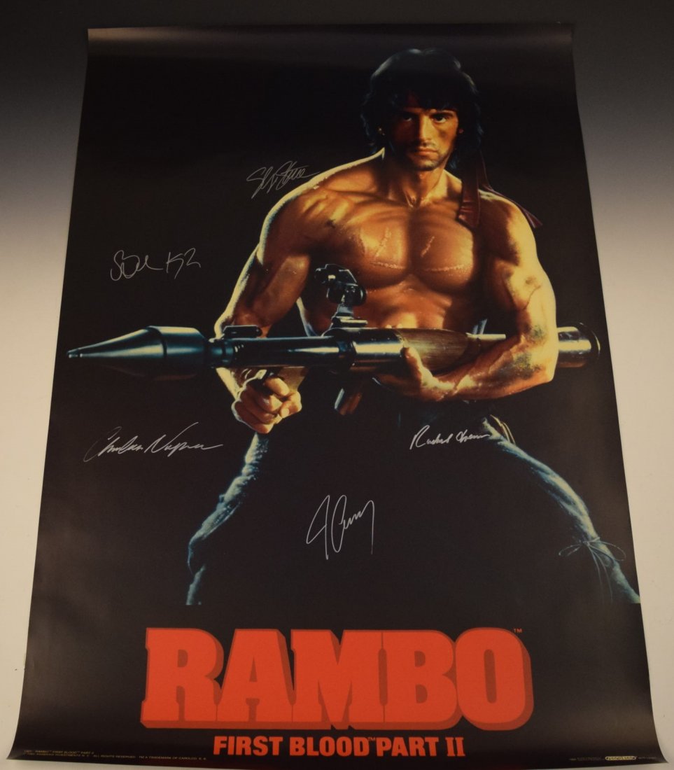 Rambo Cast Signed Movie Poster: Signed by: James Cameron, Sylvester Stallone, Richard Crenna, Charles Napier, Steven Berkoff Measures: 39 x 27 inches COA included