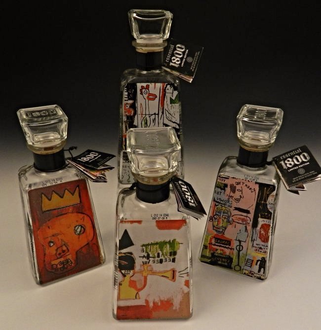 Jean Michael Basquiat Tequila Art Bottles: Grouping of Basquiat limited edition tequila art bottles with tags
