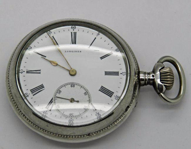 Vintage Longines Pocket Watch: Longines issued pocket watch with silver case, 50mm x 15mm