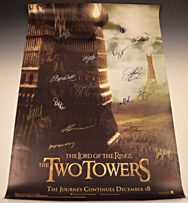 Lord of the Rings Cast Signed Movie Poster: Lord of the Rings: Two Towers Signed by: Cate Blanchett, Viggo Mortensen, John Rhys Davies, Ian Mckellen, Sean Bean, Orlando Bloom, Dominic Monaghan, Elijah Wood, Liv Tyler, Sean Astin, Andy Serkis, B
