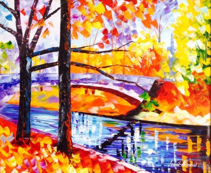 Leonid Afremov: (Russian, b. 1955) Oil on canvas, White Bridge Measures: 24 x 20 inches Signed lower right COA included