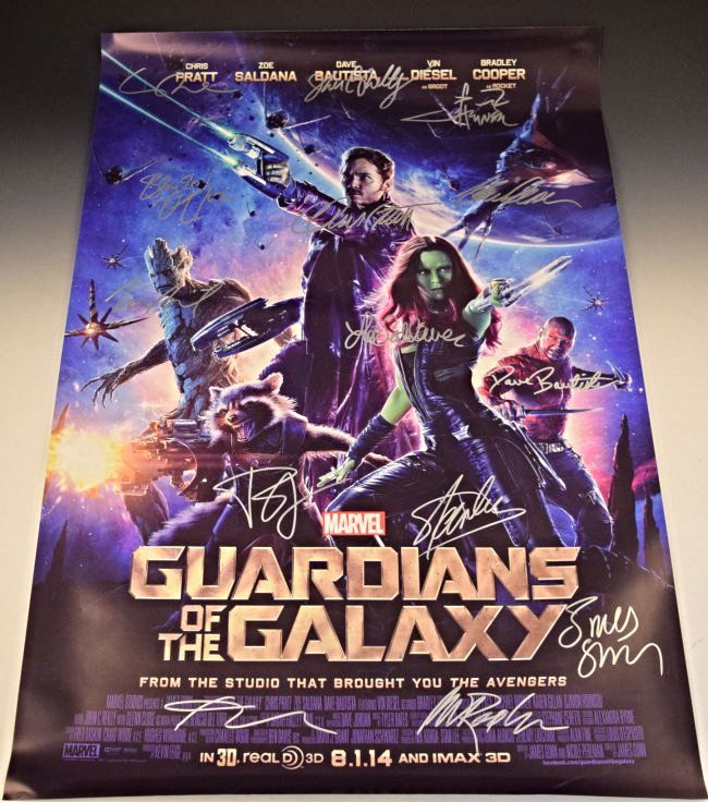 Guardian of the Galaxy Cast Signed Movie Poster: Signed by: Chris Pratt, Bradley Cooper, Zoe Saldana, Vin Diesel, Dave Bautista, Michael Rooker, Karen Gillan, Djimon Hounso, Glenn Close, John C Reilly, Lee Pace, Benicio Del Toro, Stan Lee, and James