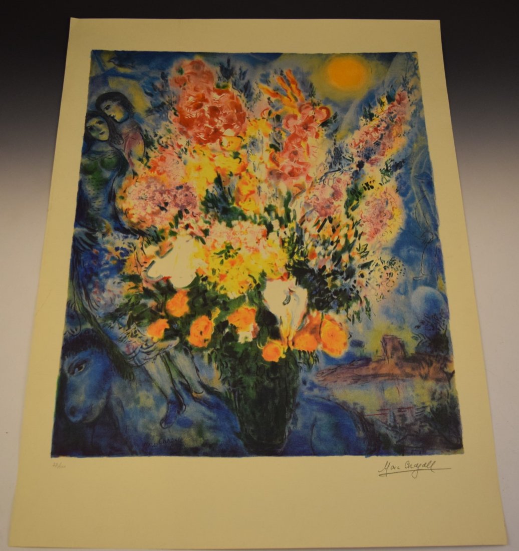 Marc Chagall: Lithograph print Measures: 36 x 27 inches Numbered from the edition of 500