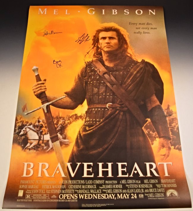 Braveheart Cast Signed Movie Poster: Signed by: Mel Gibson, Sophie Marceau and Brian Cox Measures: 27 x 39 inches COA included