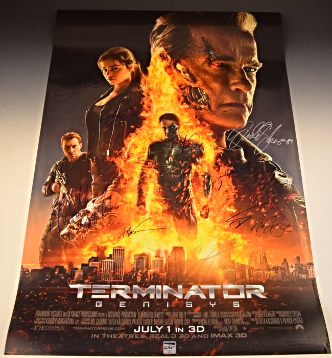 Terminator Cast Signed Premiere Poster: Signed by: Alan Taylor, Emilia Clarke, Arnold Schwarzenegger, Jason Clarke, Jai Courtney, J.K. Simmons, Dayo Okeniyi, Byung-Hun Lee, Matt Smith, Courtney B. Vance Measures: 27 x 40 inches Signed at th