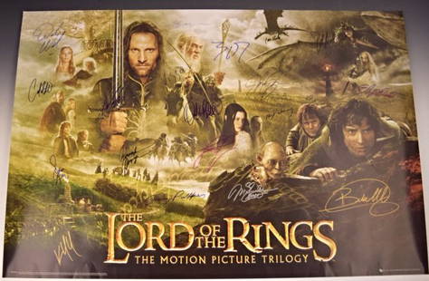 Lord of the Rings Cast Signed Movie Poster: Signed by: Cate Blanchett, Viggo Mortensen, John Rhys Davies, Ian Mckellen, Sean Bean, Orlando Bloom, Dominic Monaghan, Elijah Wood, Liv Tyler, Sean Astin, Andy Serkis, Brad Dourif, Hugo Weaving, Bill