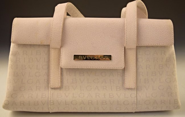 Bvlgari Pigskin Handbag: Bvlgari denim/pigskin handbag Color: muave Measurements: 8 x 13 inches Strap drop: 8 1/2 inches Comes in original box