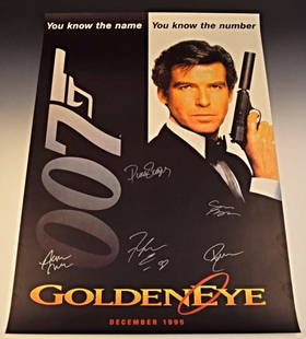 007 James Bond Cast Signed Movie Poster: Signed by: Pierce Brosnan, Izabella Scorupco, Sean Bean, Famke Janssen and Alan Cumming Measures: 38 x 26 inches COA Included