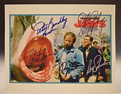 Jaws Signed Movie Photo: Signed by: Robert Shaw, Richard Dreyfuss, Peter Benchley, Stephen Spielberg and Roy Scheider Measures 8 x 10 inches