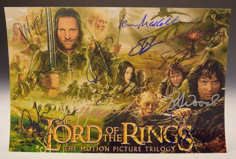 Lord of the Rings Cast Signed Movie Photo: Signed by: Elijah Wood, Viggo Mortensen, Ian McKellen, Orlando Bloom, Christopher Lee, Cate Blanchett, Sean Bean, Sean Astin, Liv Tyler, Sala Baker, Billy Boyd, Dominic Monaghan Measures: 8 x 12