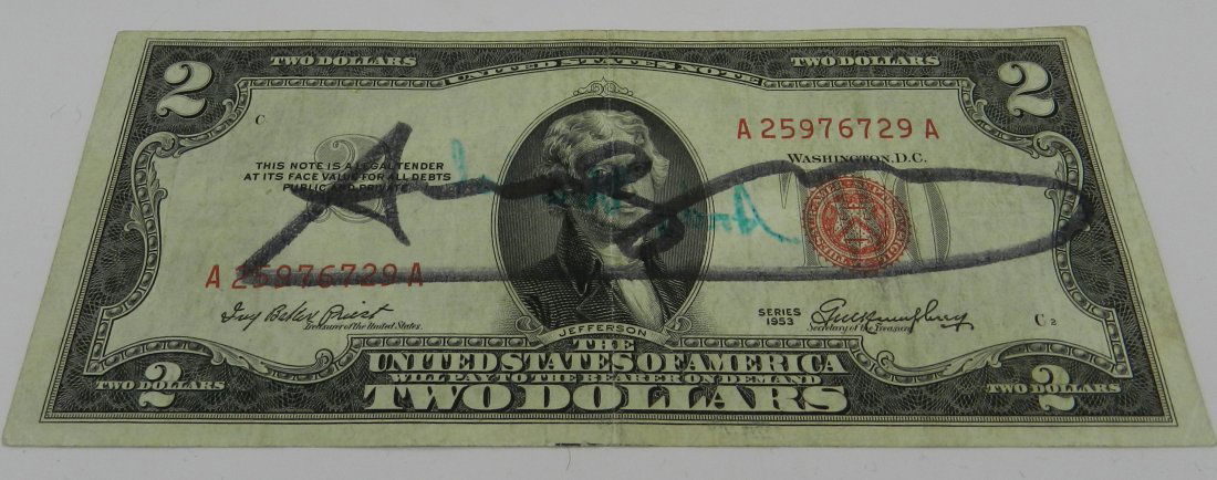 Andy Warhol Signed Two Dollar Bill: Two dollar signed by Andy Warhol Stamped on backside - Andy Warhol