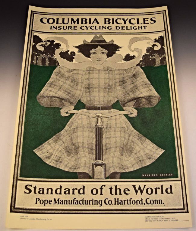 Maxfield Parrish, Columbia Bicycles: "Girl on Bicycle" poster advertisement by Maxfield Parrish Measures approximately: 35 x 23