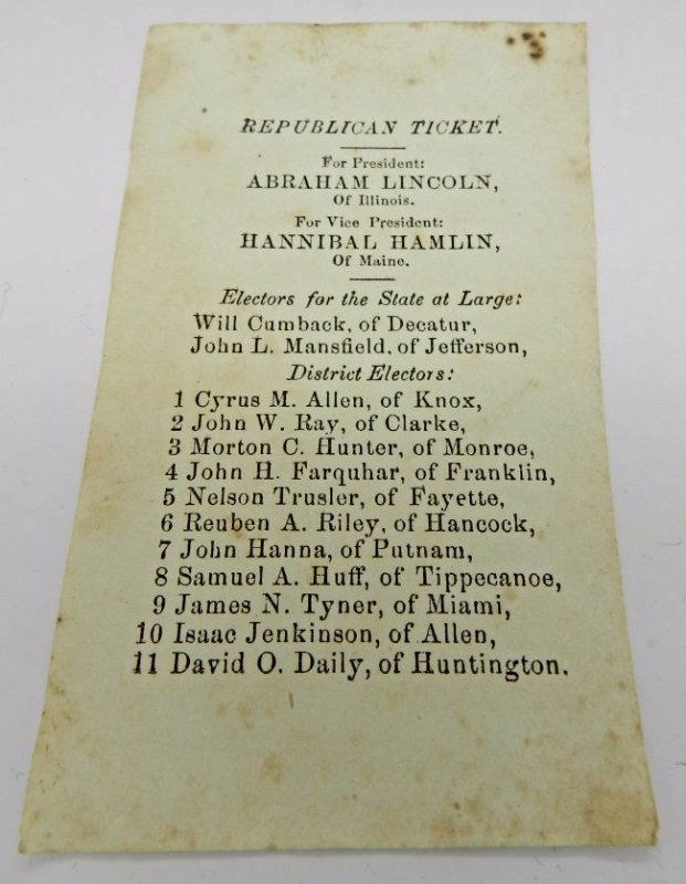 1860 Abraham Lincoln Election Ballot (1 of 3)