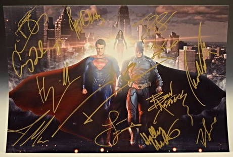 Batman VS Superman Cast Signed Photo: Signed by: Ben Affleck, Henry Cavill, Jason Momoa, Amy Adams, Gal Gadot, Ezra Miller, Jesse Eisenberg, Diane Lane, Jeffrey Dean Morgan, Michael Shannon, Jeremy Irons, Holly Hunter and Laurence Fishbur