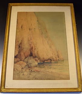 Prosper Louis Senat: (American, 1852-1925) A fantastic 19th century watercolor on paper depicting Cliffs & a Water view, Capri Measures: 39 x 30 inches, framed, DOA: 29 x 21 inches Signed lower left Freeman's, Philadelphi