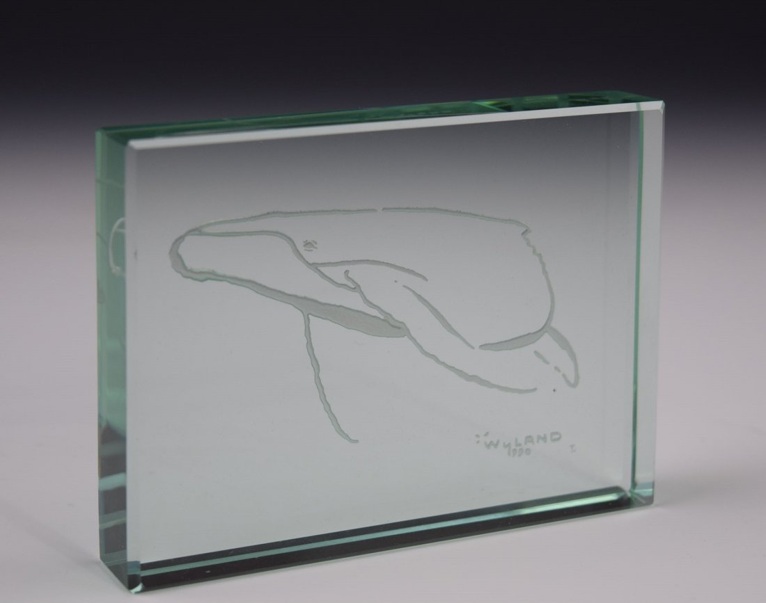 Robert Wyland Sculpture: An acrylic Robert Wyland sculpture Image of a humpback whale, signed and dated 1990 Measures: 4 x 3 x 1 inches