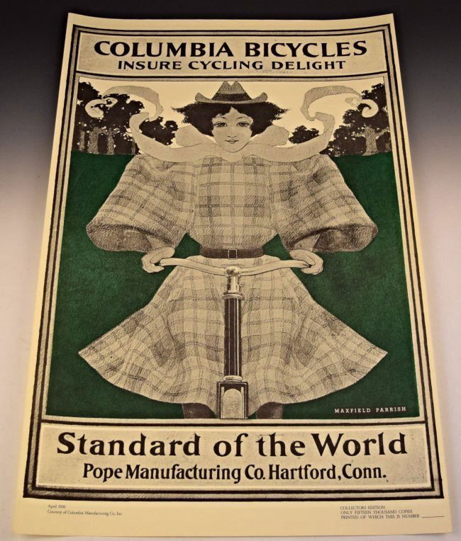 Maxfield Parrish, Columbia Bicycles: "Girl on Bicycle" poster advertisement by Maxfield Parrish Measures approximately: 35 x 23