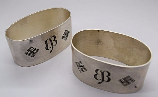 Eva Braun Hitler Personal Napkin Holders: Silver napkin holders owned and used by Eva Braun Inscribed with the butterfly pattern initials of "EB" designed by Albert Speer