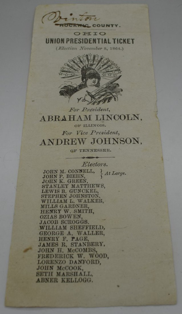 1864 Abraham Lincoln, Andrew Johnson Election Ticket (1 of 3)