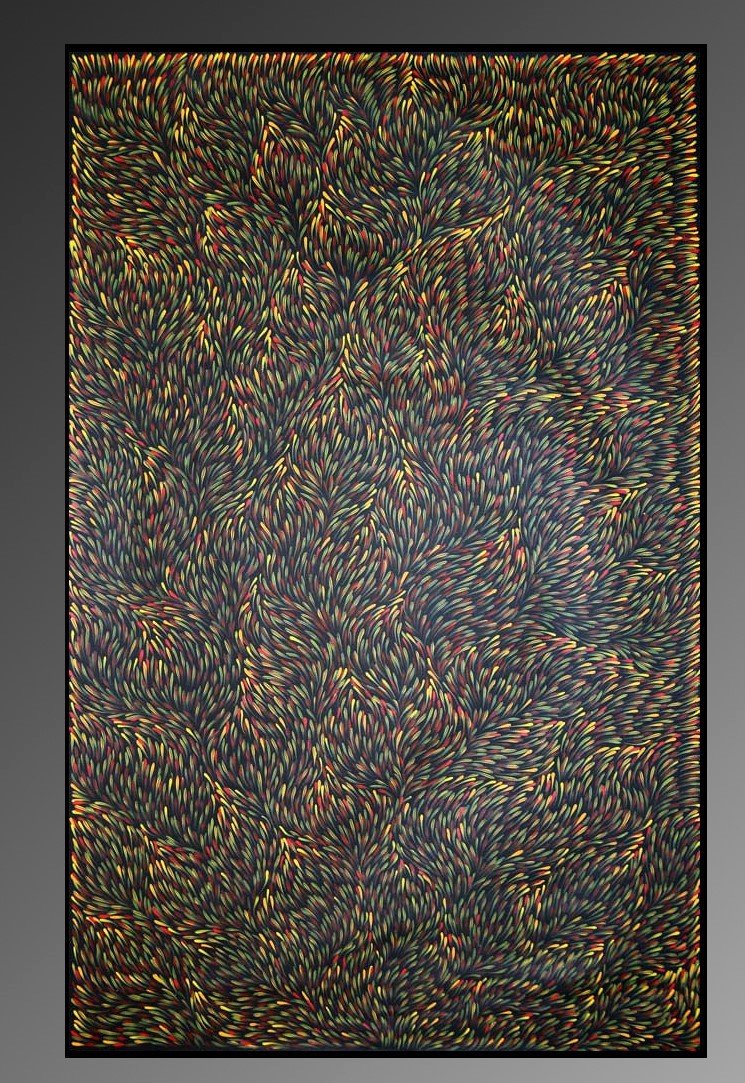 Gloria Petyarre: "Bush Medicine Leaves" cira 2016 Acrylic on canvas Measures: 78 x 50 inches Gallery certificate, gallery security stamp, signed verso