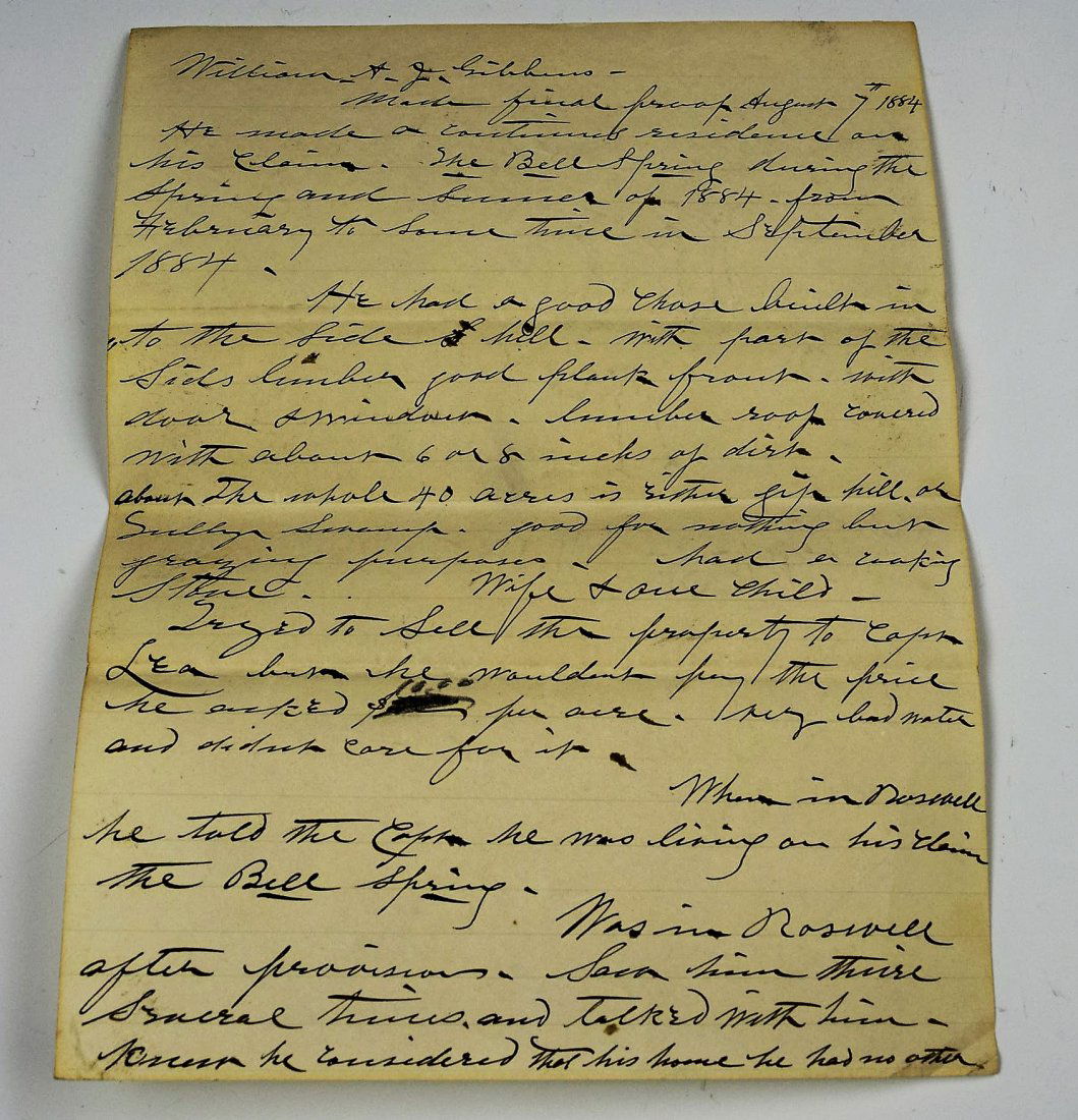 John Wesley Hardin Outlaw Hand Written Letter: First page of a letter hand written by John Wesley Hardin discussing a gentleman who had a chase into a field, ammunition, land for sale, a previous trip Wesley had to Roswell New Mexico. In the lette