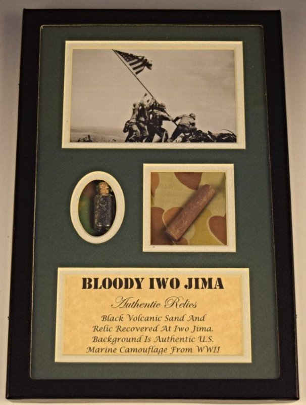 Iwo Jima Volcanic Sand: Volcanic Sand recovered at Iwo Jima. Included with a relic from Iwo Jima Provenance: Acquired directly from The Gettysburg Museum of History COA included along with inventory number