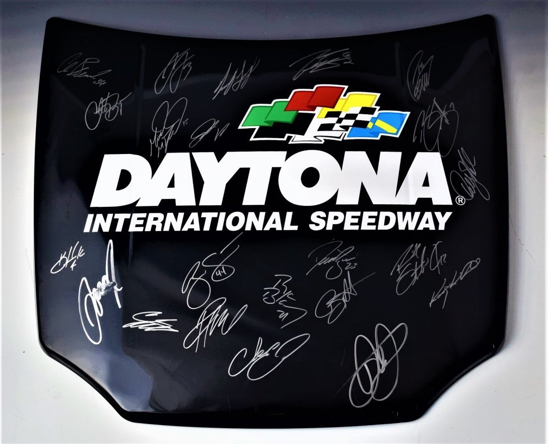 Daytona Signed Mini Car Hood: Daytona international Speedway mini hood signed by:Trevor Bayne, Greg Biffle, Ryan Blaney, Clint Boyer, Chris Bueacher, Austin Dillon, Dale Earnhardt Jr., Chase Elliot, Denny Hamlin, Kevin Harvick, Ka