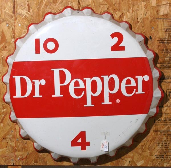 "Dr Pepper" Bottle Cap Sign.: 36 Inch round 10-2-4 button sign Dated 1942 on Base. In Great Condition.