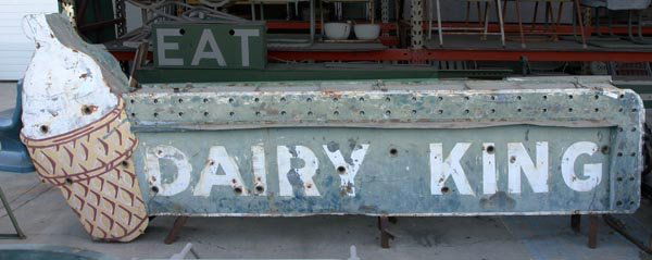 "Dairy King " Neon and Lightbulb" Lighted Sign: Extra Long Double sided Metal sign, 13ft x 4 1/2ft, Chasing light bulbs Surround and No Neon. Neon on letters and around Ice Cream Cone. Will be great when restored.