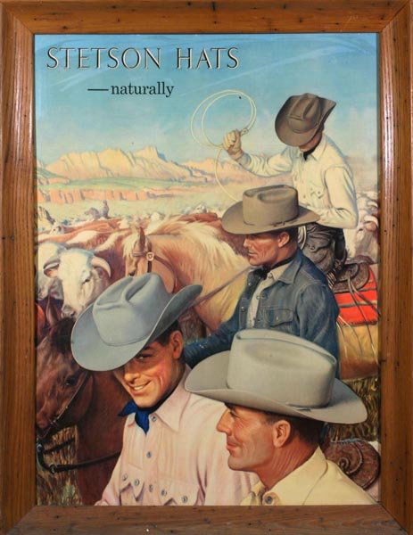 "Stetson Hats" Framed Photo Display: Rare Large Size Framed Poster Board sign w/Cowboys on Horses Photo Printed in Wood Frame. In Excellent condition. 35 inches Tall by 27 inches Wide.