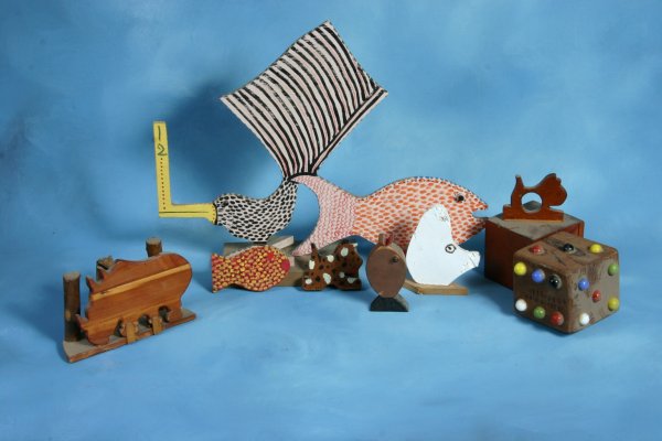 Marvin Finn-Untitled- 8 pc lot. Paint on carved w: Marvin Finn-Untitled- 8 pc lot. Paint on carved wood and mixed media. 3"-12" each Provenance: Provenance- Richard Edgeworh Outsider Art Estate