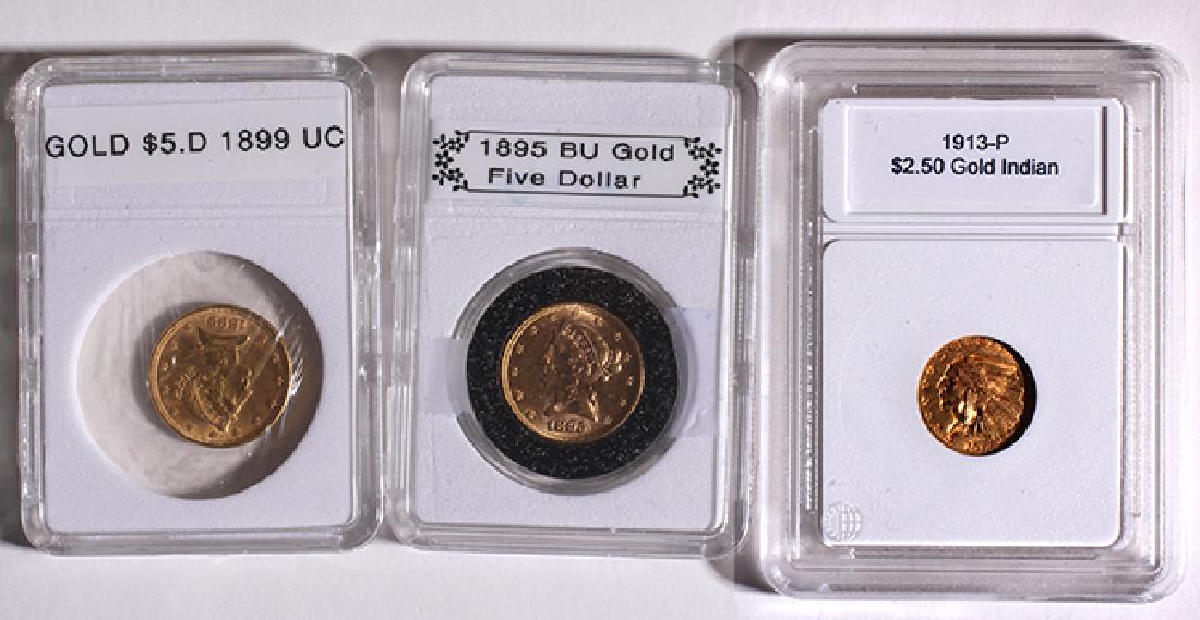 Gold Coin Lot: Five Dollar 1895 Liberty, Five Dollar Unc, Five dollar 1899 Liberty, 2 1/2 Dollar Indian 1913 Unc