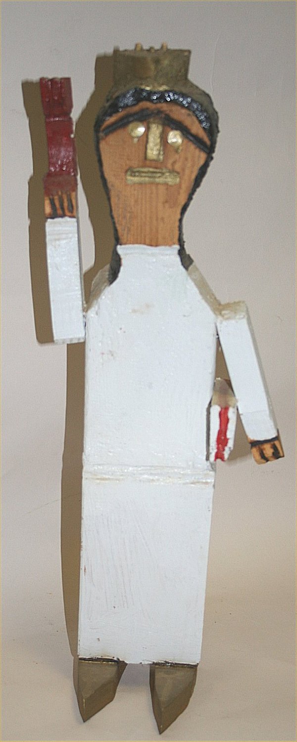 Outsider Art- Reverend J.L. Hunter- "Lady Liberty: Outsider Art- Reverend J.L. Hunter- "Lady Liberty". Paint on carved wood. This piece is 17" tall and appears to be missing her crown. Signed JLH in woodburning on bottom.
