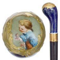 Sevres French Porcelain: Sevres French Porcelain-Late 19th Century-A very nice painted porcelain handle done in great detail, gilt metal collar, ebony shaft and a horn ferrule-H. 3" x 1 ¾", OL. 37 ½"-$500-$1,000