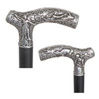 Silver Art Nouveau Cane: Silver Art Nuveau-Dated 1901-Heavy silver handle, ebony shaft and a metal ferrule, this opera handle is modeled in sharp relief, depicts hunting scenes, Baroque elements, Diana and many other allegori