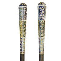 Cloisinee Anglo Persian: Cloisinee Anglo Persian-Late 19th Century-This enamel handle is representative of the Qojar Period, ebony shaft and a metal ferrule, these canes are rarely encountered in our auctions-H. 6 ½" x 1", O