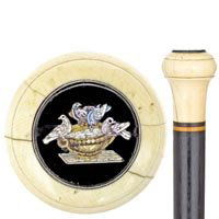 Pietradura and Ivory Knob: Pietradura and Ivory Knob-C. 1860-The handle shows 4 pigeons on an urn which are done in a great Italian style, ebony shaft, washer collar and a horn ferrule, the decoration is put together with hundr