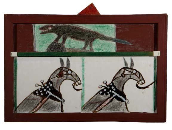 Willie Massey-"Animals". Paint and crayon on canvas : Willie Massey-"Animals". Paint and crayon on canvas and paper.This piece is formerly from the Howard Smith Collection. Signed on back. Piece is 30 x 20, framed. Please see over 450 other lots in this 