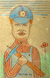 Jack Savitsky-"Coal Miner". 1989. Crayon and marker: Jack Savitsky-"Coal Miner". 1989. Crayon and marker on cardboard. Piece is 5 x 8, framed and matted. Please see over 450 other lots in this sale of Outsider Art, Folk-art, folkart, contemporary